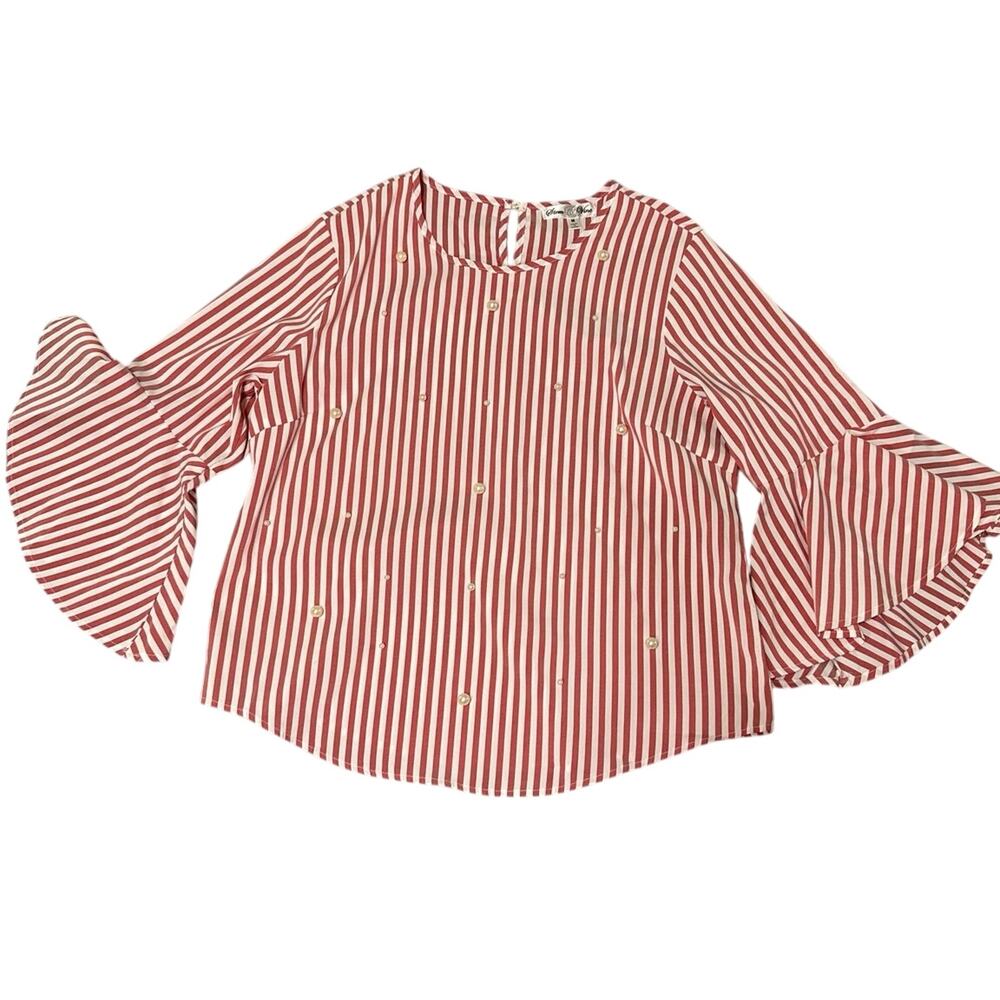 Stem & Vine womens blouse red & white striped with pearl front flared wrists.med